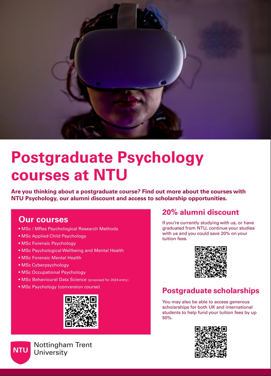 If you're interested in deepening your understanding of people & applying that in a range of exciting contexts, we've got an amazing range of @PsychologyNTU postgraduate courses, with scholarship opportunities and alumni discounts available 🌟 Our courses: ntu.ac.uk/course/psychol…