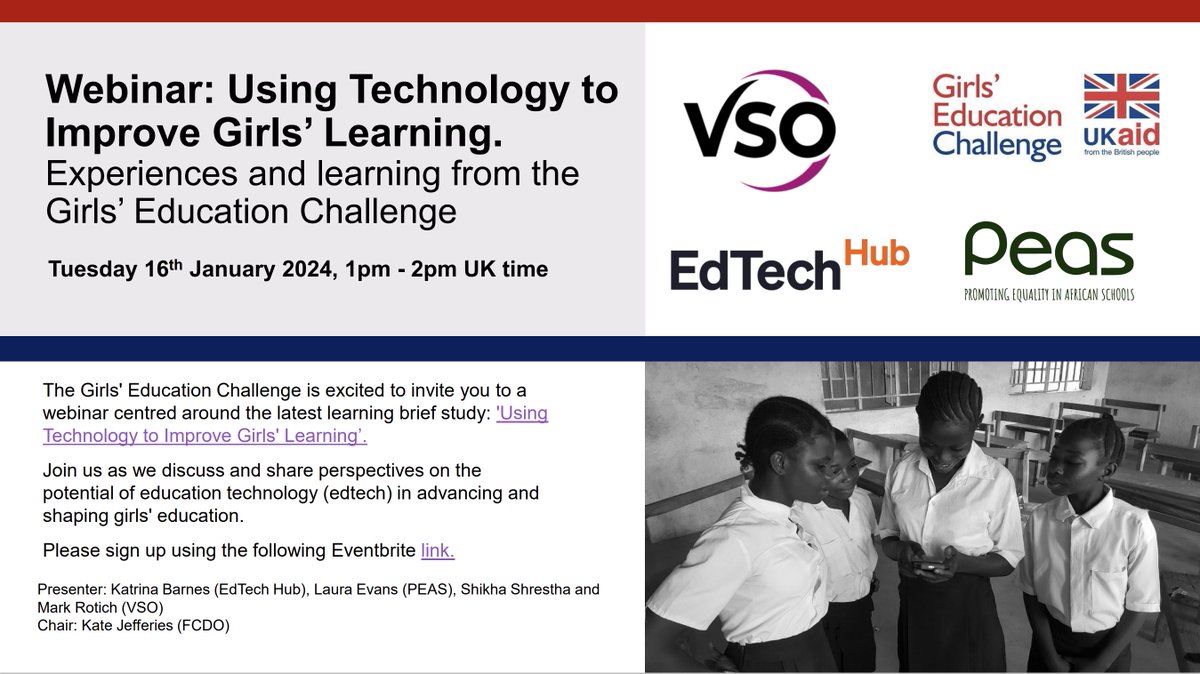 🌍 Work in girls' education? Join our webinar on #EdTech for marginalised girls within the <a href="/GEC/">ge0ff</a> portfolio. Featuring EdTech Hub's <a href="/katrina_barnes_/">Katrina Barnes (she/her)</a> and experts from <a href="/PEAS/">︎</a> and <a href="/VSO/">VSO</a>. Limited spaces, secure your spot!
 
📅 Tuesday, Jan 16, 1pm BST
📌Sign up bit.ly/3Hb5mUj