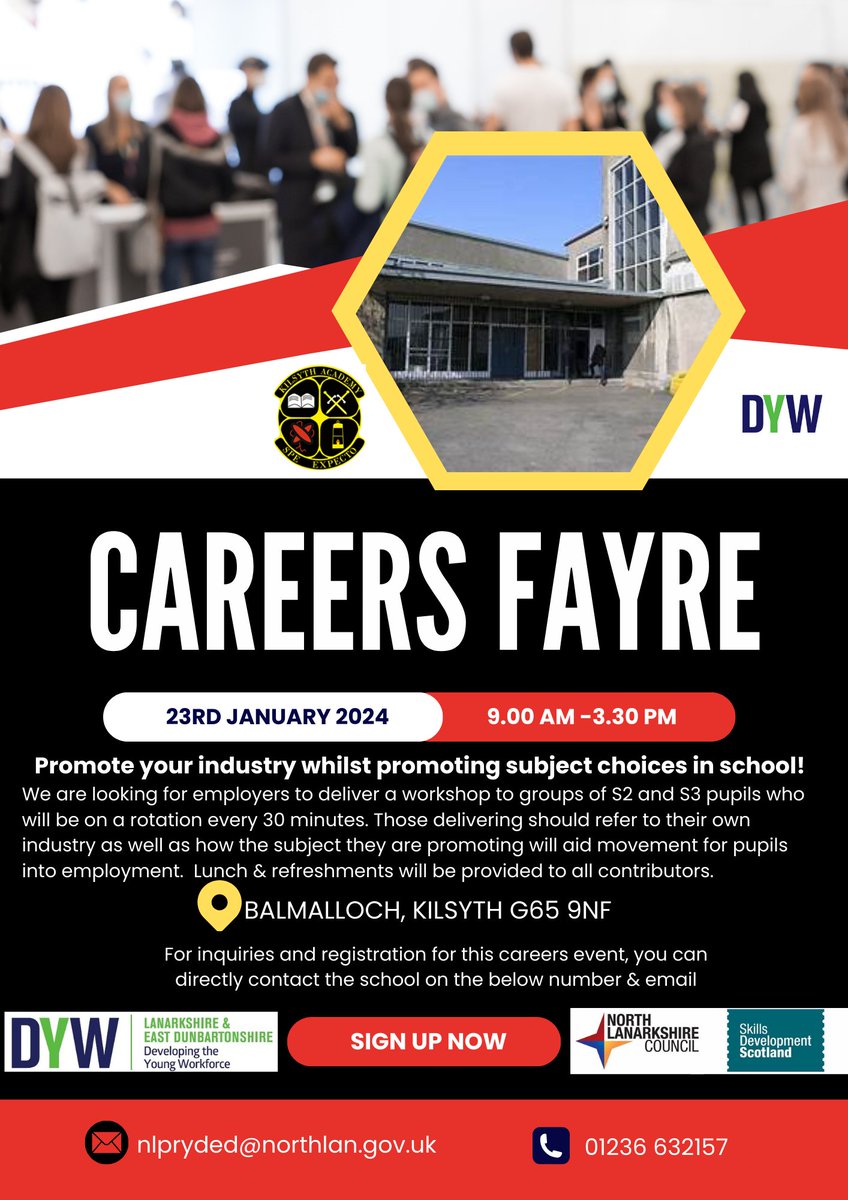 Calling all employers &amp; organisations to support your local school at <a href="/KilsythAcademy/">Kilsyth Academy</a> . 📣
We can work around you if you can't commit to the full day. Workshops can be interactive or presentations.🧑‍🎓

If you have any questions, please contact nlpryded@northlan.org.uk 📧