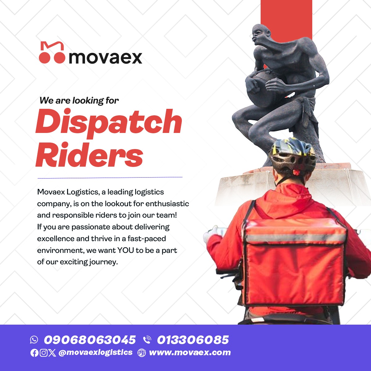 movaexLogistics's tweet photo. Dispatch Riders Wanted in Enugu.
Earn up to 70,000 Naira or more with incentives and commissions.
Call: 09068063045
Email: hiring@movaex.com
#movaex #movaexexperience #logisticslife #delivery #deliveryservice #speedydelivery https://t.co/pJjrr4LSW3