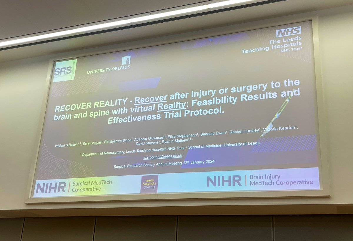 Presenting our work from @LeedsHospitals / @LeedsMedHealth to build and evidence spatial computing technologies (AI + VR/MR/AR) that help people overcome neuro-disability following injury or surgery to the brain and spine 🧠 Helping people recover reality 🔥 #MedTwitter #AI #VR