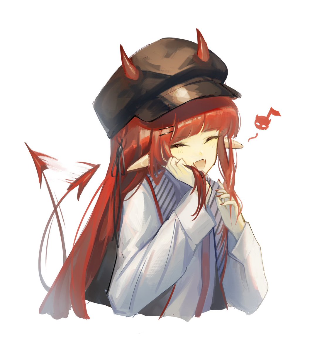 1girl horns tail horns through headwear solo tail wagging red hair  illustration images