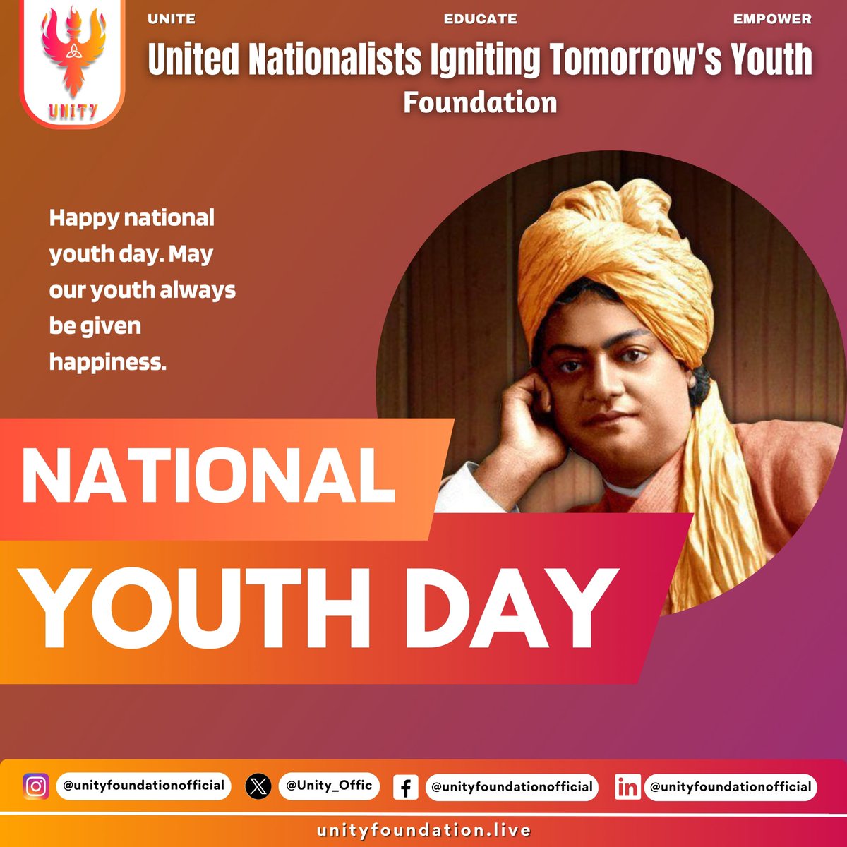 Unity_Offic's tweet photo. Celebrating National Youth Day in honor of Swami Vivekananda's birthday! On this special day, let's unite in the spirit of knowledge and empowerment.
#NationalYouthDay #UNITYFoundation https://t.co/o9sWZnhLYx