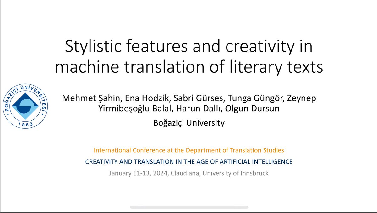 Mehmet Şahin (@mhmtshnedu) on Twitter photo Happy to share our research on style and creativity in the outputs by our customized en-tr MT models with colleagues in Innsbruck and online.
w/ <a href="/ZYirmibesoglu/">Zeynep Yirmibeşoğlu</a> <a href="/Ceviribilim/">Sabri Gürses</a> <a href="/olgundursun_ml/">Olgun Dursun</a> <a href="/harundalli09/">Harun Dallı</a> <a href="/ena_hodzik/">Ena Hodzik</a> & Tunga Güngör
<a href="/uniinnsbruck/">@uniinnsbruck@social.uibk.ac.at</a>
uibk.ac.at/en/congress/cr… Happy to share our research on style and creativity in the outputs by our customized en-tr MT models with colleagues in Innsbruck and online.
w/ <a href="/ZYirmibesoglu/">Zeynep Yirmibeşoğlu</a> <a href="/Ceviribilim/">Sabri Gürses</a> <a href="/olgundursun_ml/">Olgun Dursun</a> <a href="/harundalli09/">Harun Dallı</a> <a href="/ena_hodzik/">Ena Hodzik</a> & Tunga Güngör
<a href="/uniinnsbruck/">@uniinnsbruck@social.uibk.ac.at</a>
uibk.ac.at/en/congress/cr…