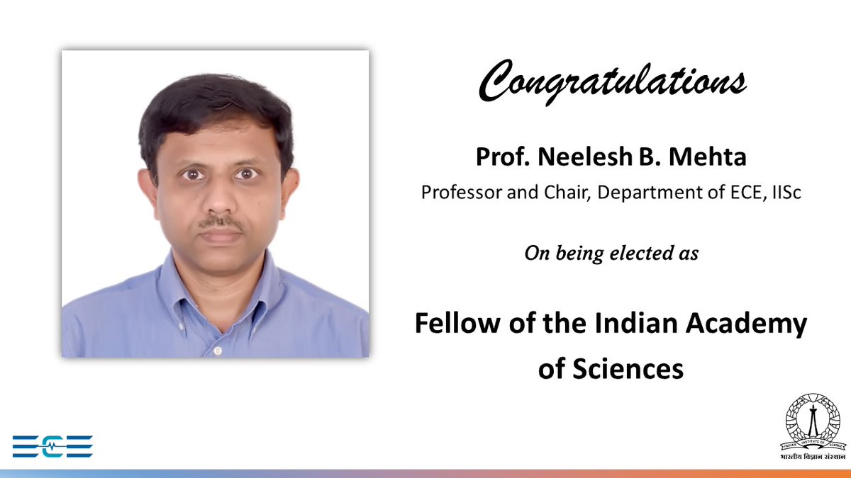 Chair ECE IISc (@ecedeptiisc) on Twitter photo Hearty Congratulations to Prof.ย Neelesh Mehtaย on being elected as a Fellow of the Indian Academy of Sciences. ๐
#proudmoment #fellowship Hearty Congratulations to Prof.ย Neelesh Mehtaย on being elected as a Fellow of the Indian Academy of Sciences. ๐
#proudmoment #fellowship