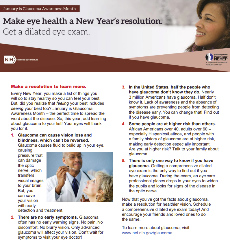 January is #GlaucomaAwarenessMonth. Make eye health a new year's resolution. Here are five main facts about glaucoma. #GlaucomaAwarenessMonth
