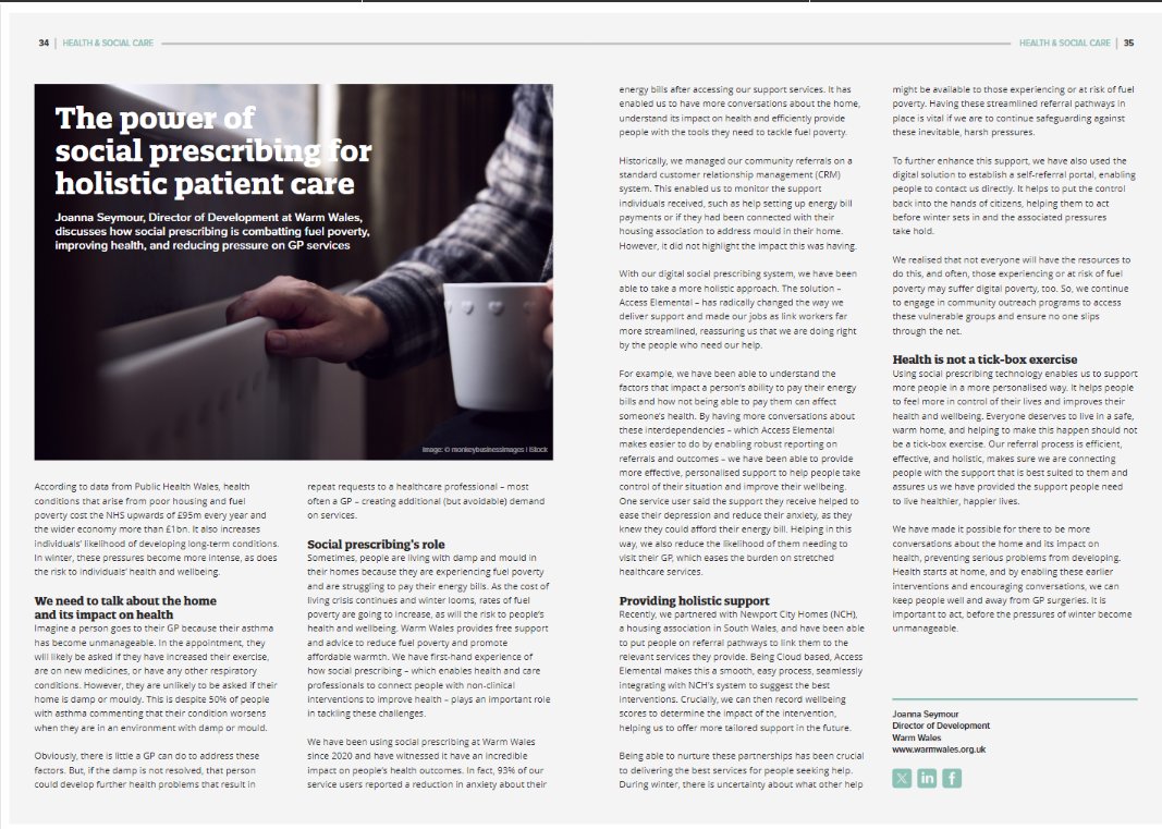 Joanna Seymour, director of @WarmWales, has written about 'the power of social prescribing for holistic patient care' in @OpenAccessGov You will find this on page 34 - edition.pagesuite-professional.co.uk/html5/reader/p… #SocialPrescribing #PatientCare #Holistic