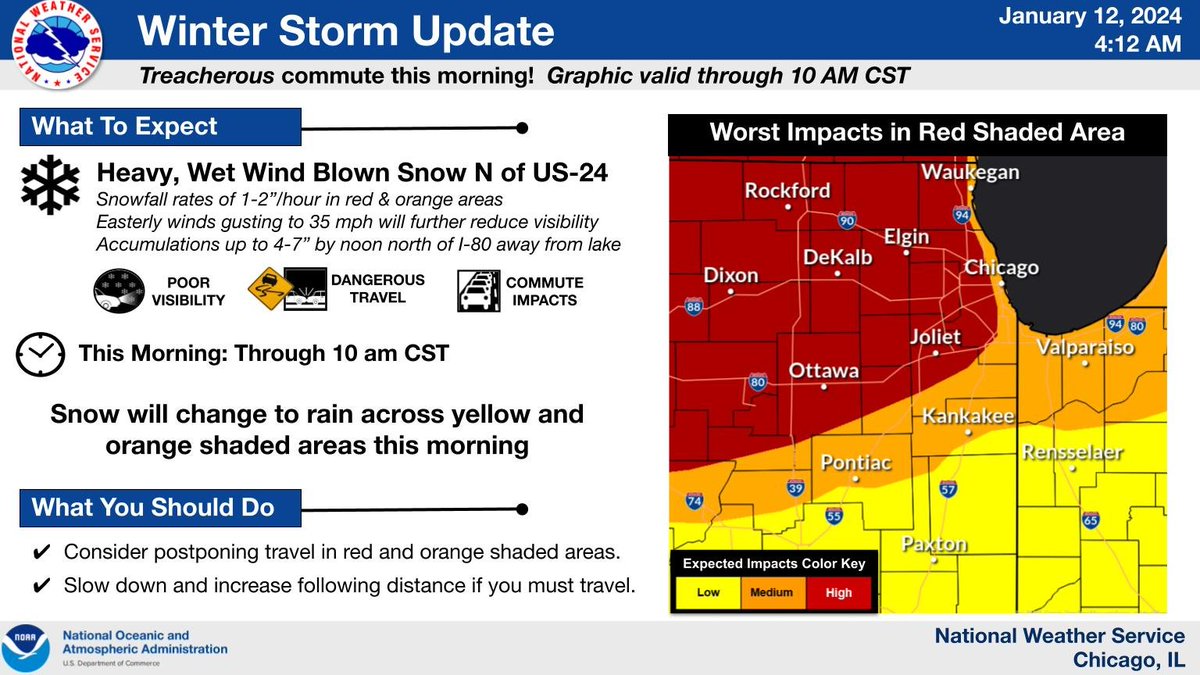NWSChicago's tweet photo. Strongly consider postponing travel in the red and orange shaded areas on the map this morning. Periods of wind-whipped heavy, wet snow with snowfall rates up to 1-2" per hr can be expected, causing dangerous travel conditions. #ILwx #INwx https://t.co/kDvTFWGCJM