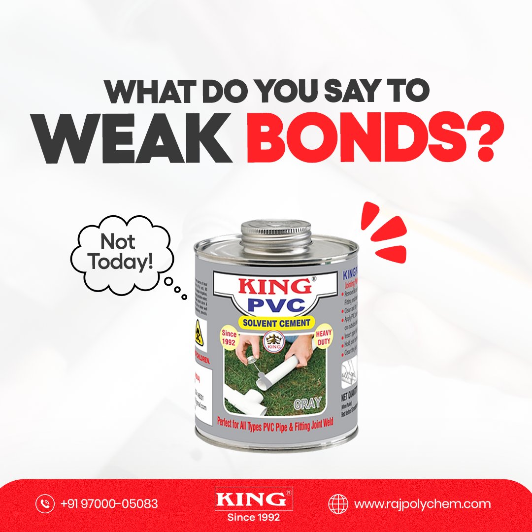 rajpolychem's tweet image. Say goodbye to weak bonds with King PVC Solvent Cement! 💪

Discover the ultimate solution for sturdy PVC connections. Express the power of King PVC Solvent Cement to ensure lasting bonds that stand the test of time. 

#pvccement #kingsolventcement #cement #cementproduct