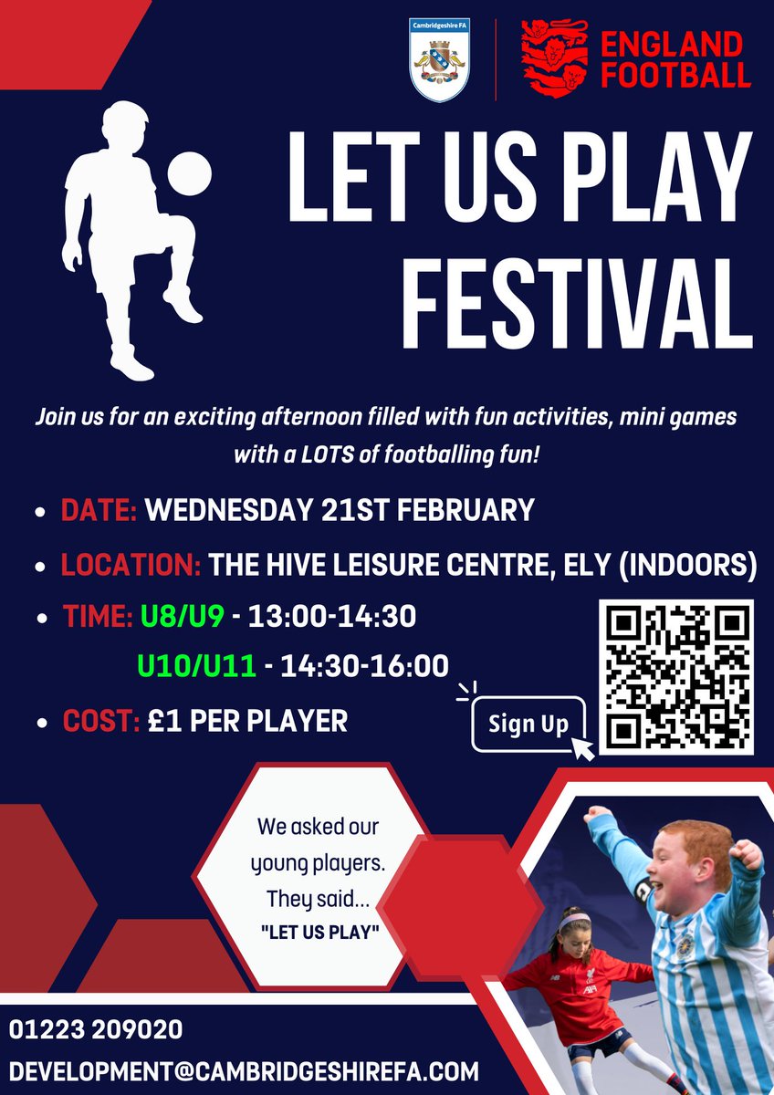 CambsFA's tweet photo. After the success of our last Let Us Play Festival, we've got another one coming your way! ⚽ 

We'll have an array of great football-related activities for your children to enjoy for just £1!

Sign up ⬇️

https://t.co/wAMVjSt6Qu https://t.co/4cTjjloYzx