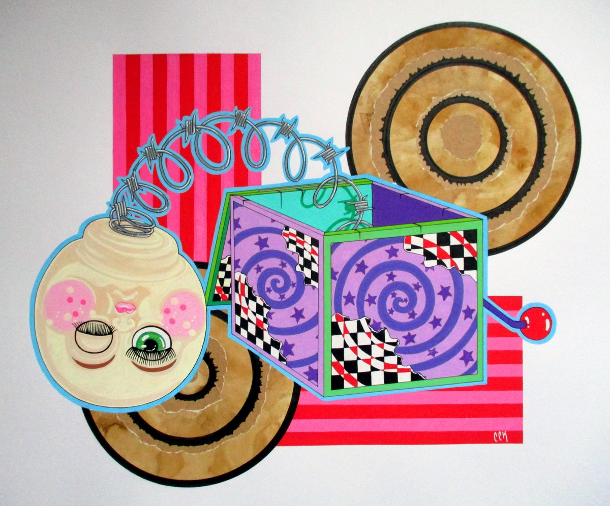 CCKimberley's tweet photo. Doll-In-A-Box #Posca Ink &amp; White Gel Pen Detail &amp; partially #collage geometric background #drawing #mixedmedia on apx A2 paper
#art #artist #artwork #independentartist #horror #poscapens #illustration #doll #jackinabox #surrealism #surrealart #vintagetoys #weirdart #lowbrowart https://t.co/b28mAc5rYt