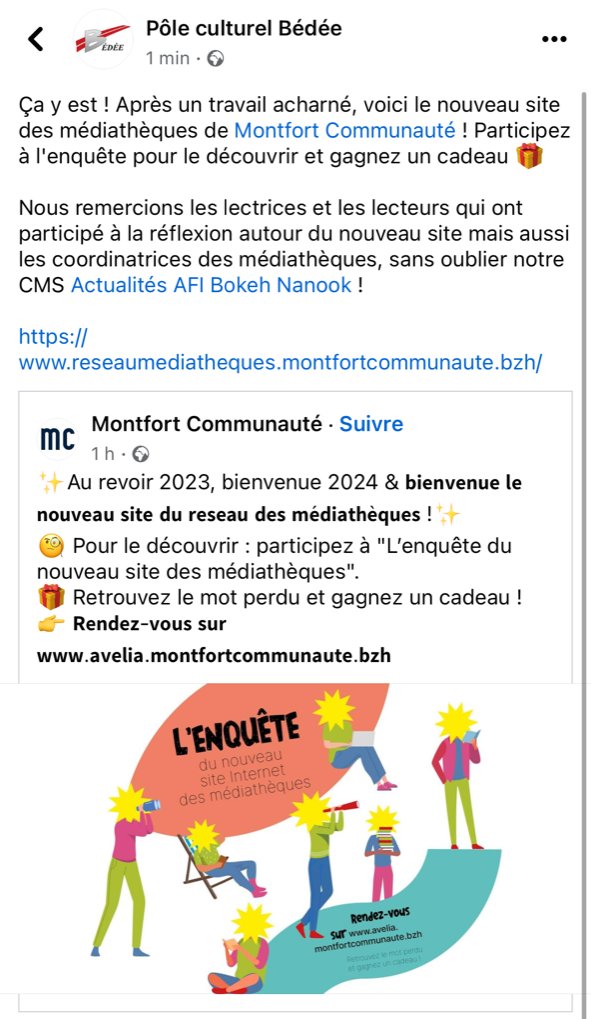 AFI_Bib's tweet photo. #LecturePublique 📖 - @MontfortComCom utilise AFI Nanook et AFI Bokeh pour son réseau des médiathèques 😀
Merci aux agents et aux administrés pour ce travail communautaire qui a permis d'élaborer un site au plus près des attentes de chacun, #Agirensemble
#Nanook #Bokeh #bib https://t.co/3zBno82iiM