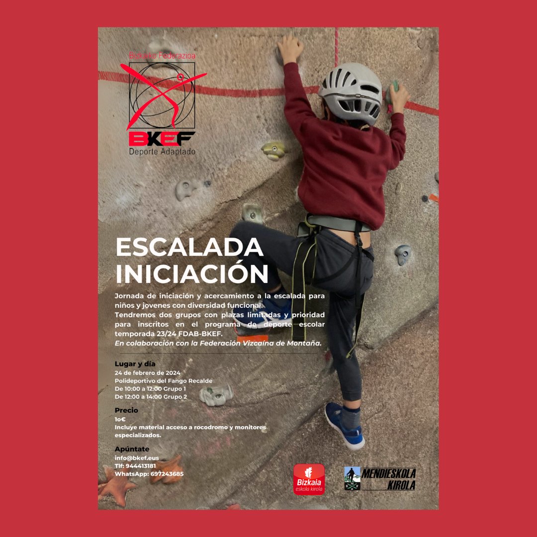 Iníciate en la escalada🧗🏻 Hemos organizado un curso de dos grupos de 2 horas:
📍Polideportivo del Fango, Rekalde
🕙De 10 a 12 y de 12 a 14h
🗓️Sábado, 24 de febrero

✍🏻Inscripciones:
📩info@bkef.eus
📲WhatsApp 697243685
📞944413181

¡Te esperamos!