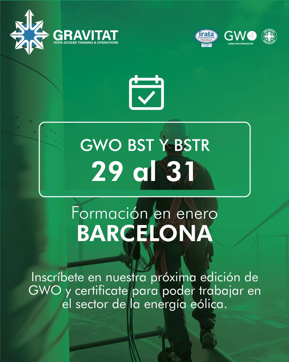 gravitatSL's tweet photo. Nuestros alumnos y futuros trabajadores, al obtener la certificación GWO serán profesionales del sector de la energía eólica, y nosotros como empresa acreditada le damos el apoyo necesario.
#Gravitat #certificacionGWO #formacionesbarcelona https://t.co/gwEvLxUkJY