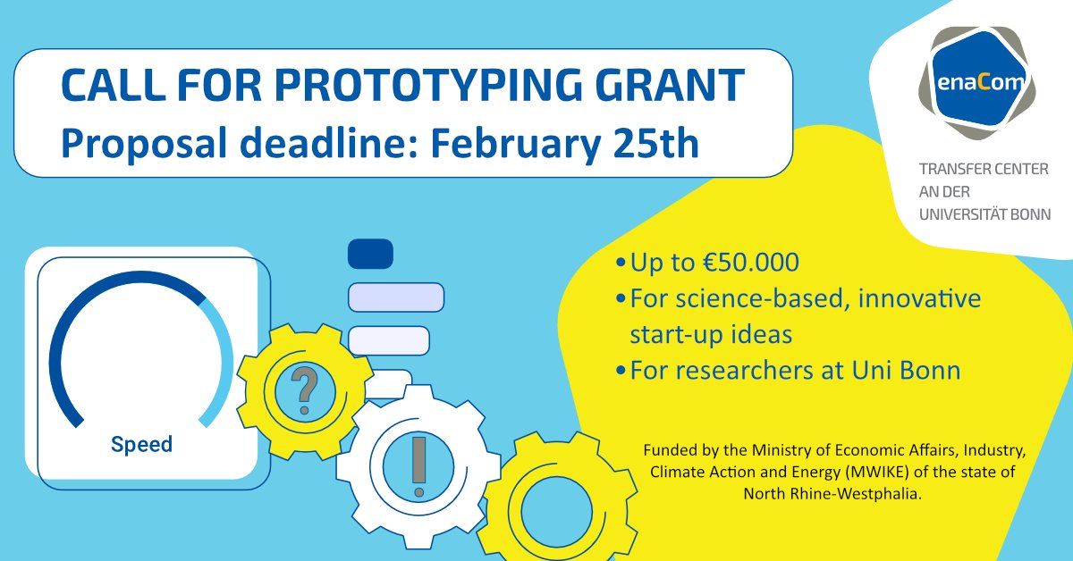 CfP prototyping grants: researchers of @UniBonn & @UniklinikBonn can receive up to €50,000 to further develop innovative start-up ideas. Prepare your project from research for commercialization! Submit your proposal by February 25: uni-bonn.de/en/research-an…