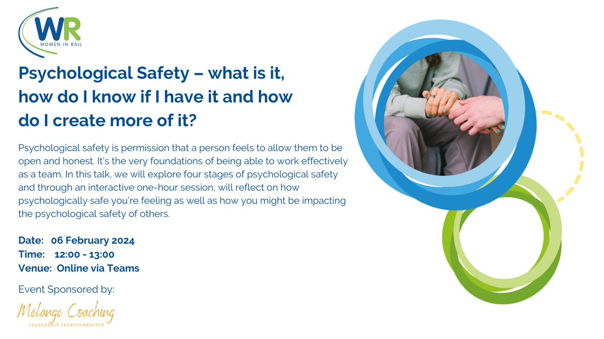 Join us for our Psychological Safety – what is it, how do I know if I have it and how do I create more of it? event. To learn more or register for the event visit our website here: womeninrail.org/events/psychol… Event sponsored by Melange Coaching #WomenInRail #Event