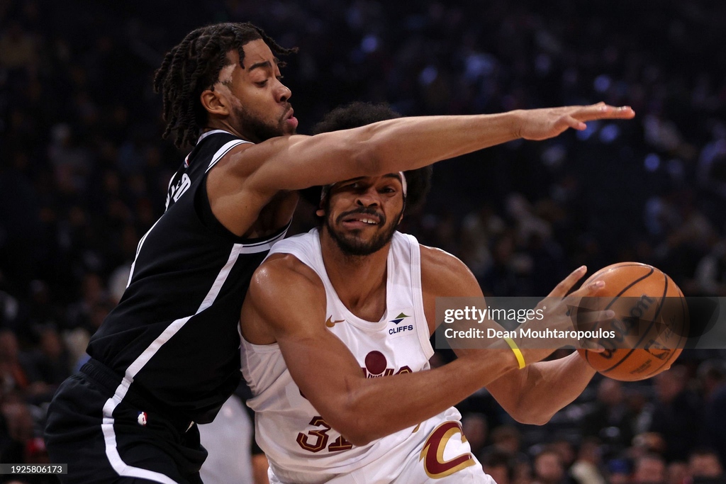 Jarrett Allen of #ClevelandCavaliers is fouled by Trendon Watford of #BrooklynNets during the #NBA match between Brooklyn Nets and Cleveland Cavaliers at The Accor Arena in Paris, France. I January 11, 2024 I 📷: @AllSportSnapper #GettySport #NBAParis #Basketball