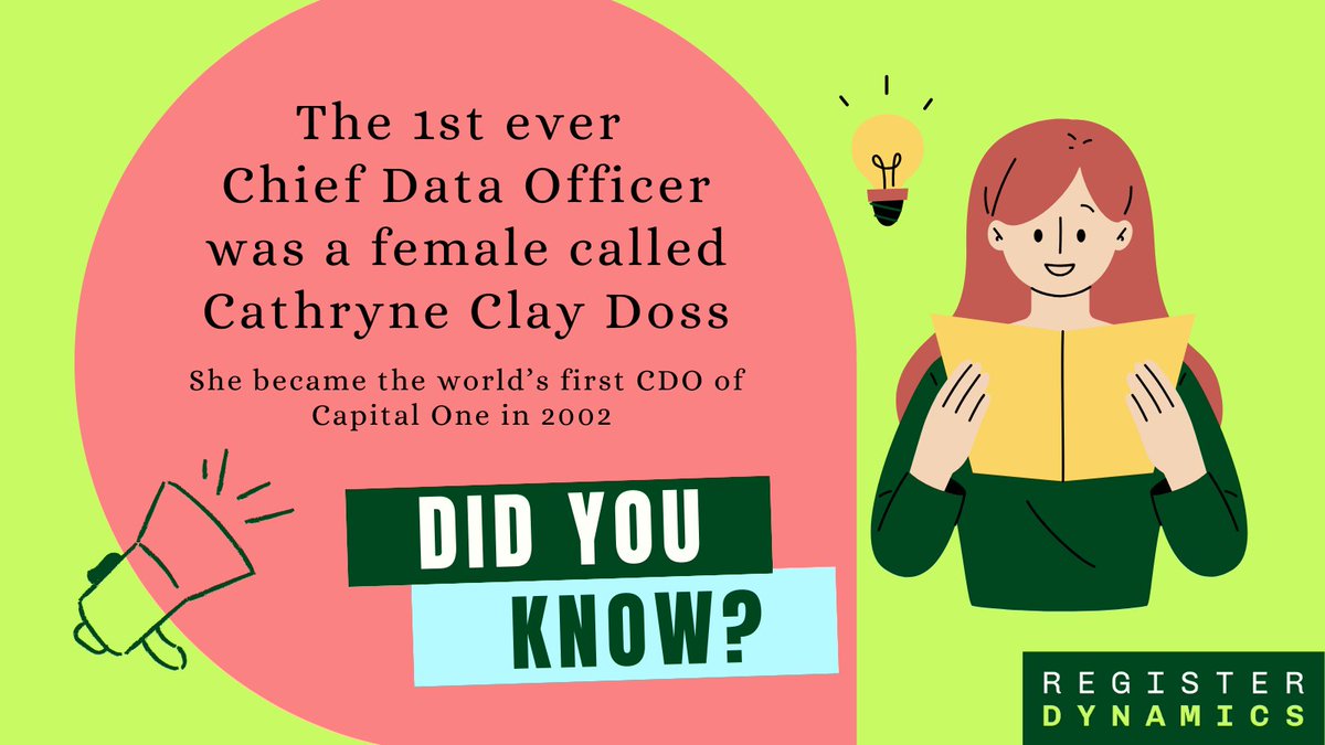 🌀It's #FunFactFriday! 

👩 Did you know: The 1st ever #ChiefDataOfficer was a female called Cathryne Clay Doss. She became the world's 1st #CDO of Capital One in 2002 

#FridayFeeling #FactFriday #FridayFact #FridayVibes #datacommunity #datafacts #dataprofessionals