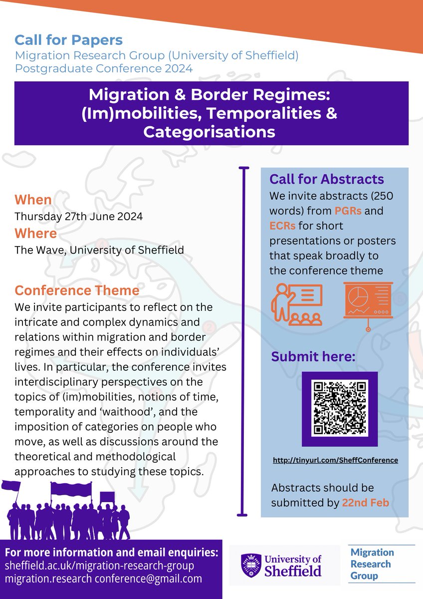 SheffieldMRG's tweet photo. 📢 MRG PGR Conference 2024: Call for Papers

❓Migration and Border Regimes: (Im)mobilities, Temporalities and Categorisations
📅Thursday, 27th June
📍The Wave, University of Sheffield (in-person only)

https://t.co/CGRkMXmfj8 https://t.co/cygDE2zkCs