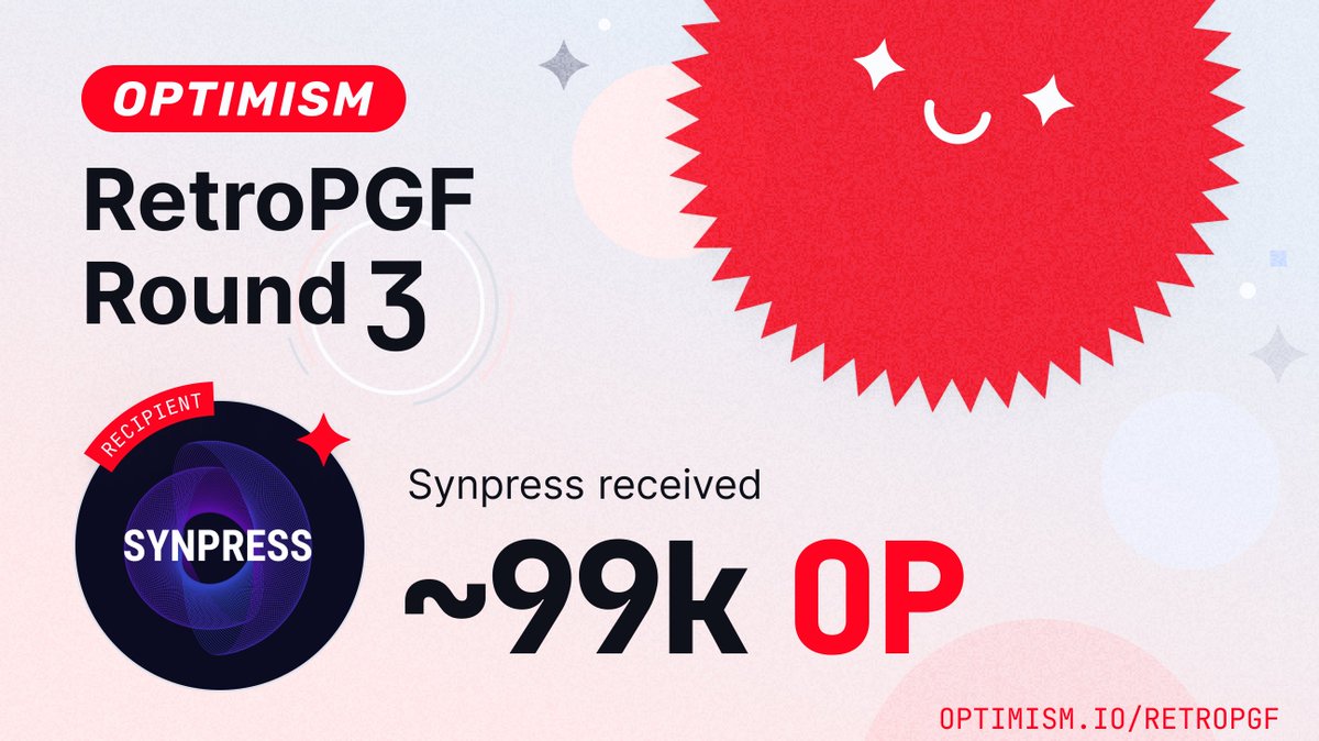 Big news! 📢

<a href="/Synpress_/">Synpress</a> just got a whopping ~99k OP from <a href="/Optimism/">Optimism</a> thanks to #RetroPGF3.

Huge thanks to #Optimism and all OP badge holders for their incredible support!

Our project thrives because RetroPGF fully funds us. We owe it all to them! 💪