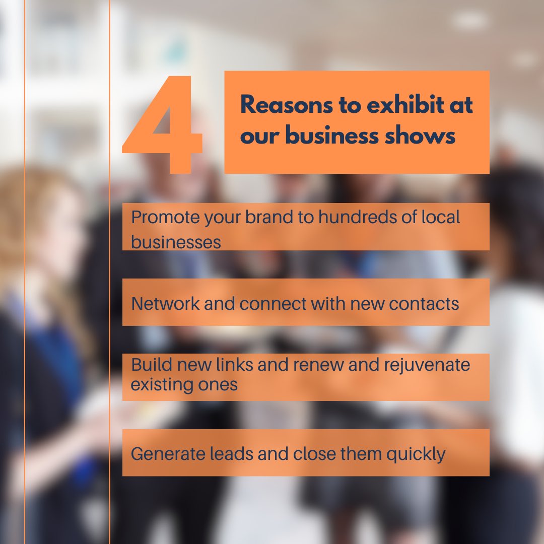 Why you should exhibit at one of our shows🤝 1️⃣Promote your brand to hundreds of local businesses 2️⃣Network and connect with new contacts 3️⃣Build new links and renew and rejuvenate existing ones 4️⃣Generate leads and close them quickly Head over to our website to book 🙌