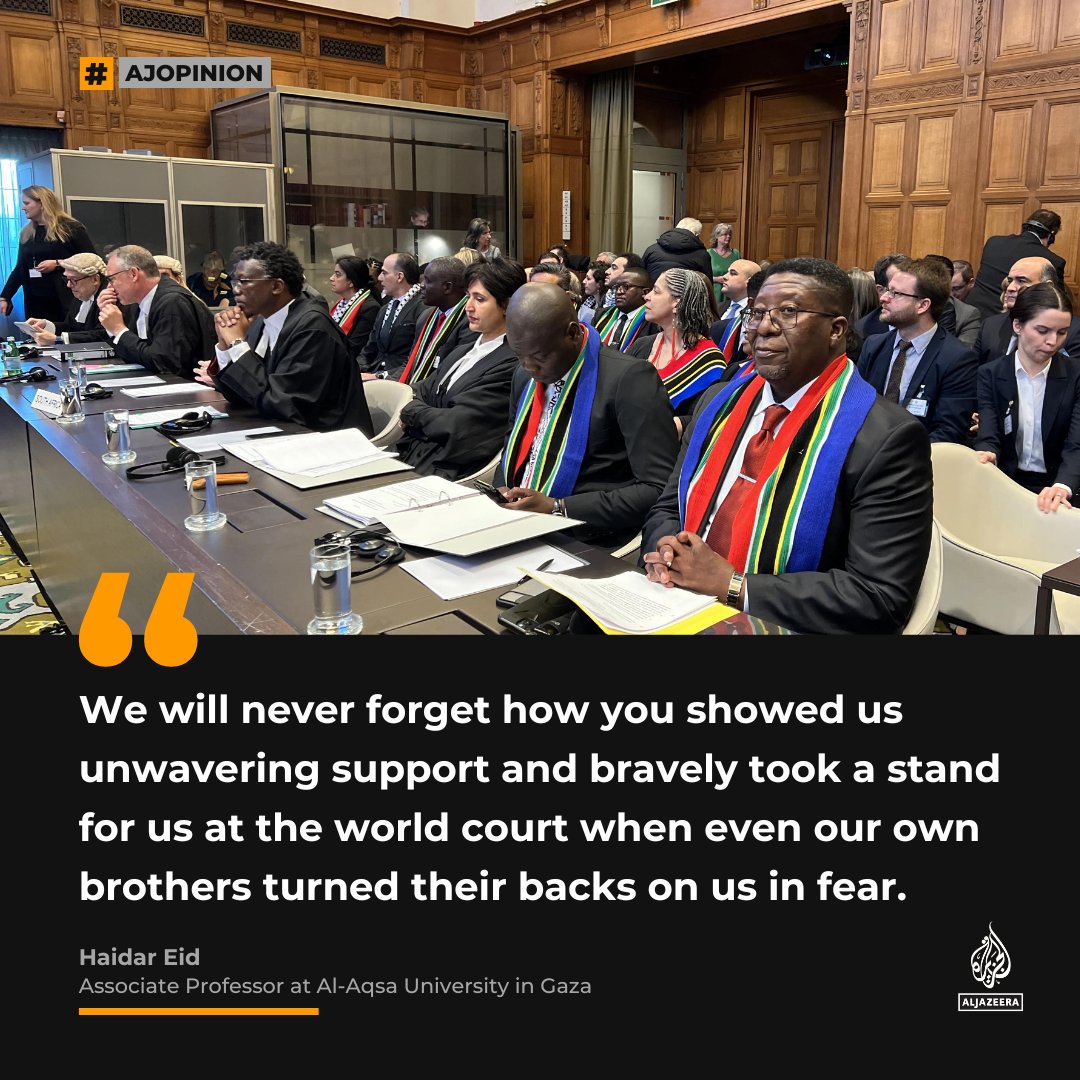 From a Palestinian in Gaza, thank you South Africa! — #AJOpinion by @haidareid ⤵️

🔗: aje.io/17kmtv