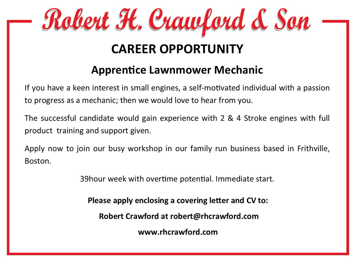 Rhcrawfords's tweet photo. ⭐️WE ARE HIRING⭐️
Apprentice Lawnmower Mechanic
If you have a keen interest in small engines, a self-motivated individual with a passion to progress as a mechanic; then we would love to hear from you.
Please apply to : robert@rhcrawford.com https://t.co/RZ2ycoll7G