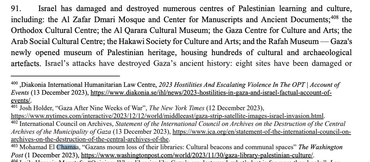 Why telling stories of places matter: South Africa's 84-page filing to the ICJ cites @MohamdEch's piece on Gaza's loss of libraries in its argument that Israel has damaged and destroyed numerous centers of Palestinian learning and culture. His piece here: washingtonpost.com/world/2023/11/…
