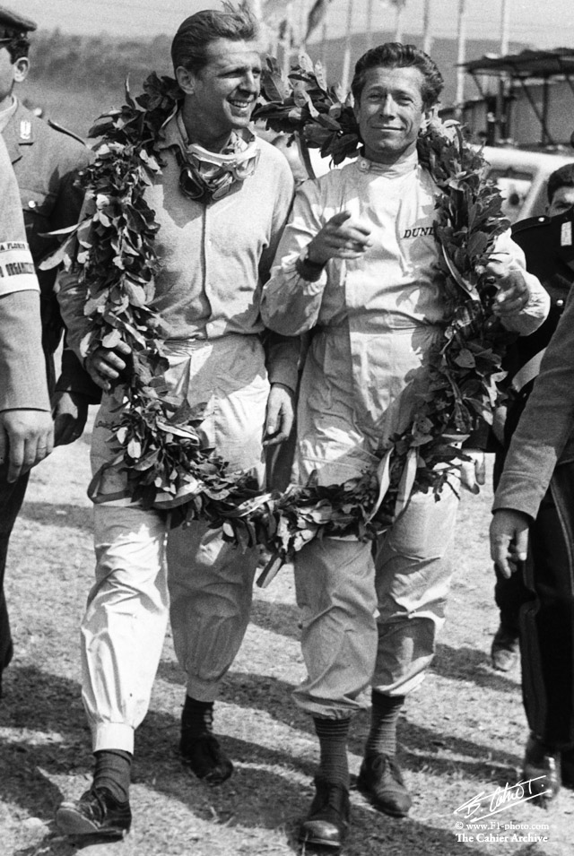 100 years ago today, Olivier Gendebien was born. A true master of sportscar racing , he was also brilliant in F1. A true gentleman, I was lucky to have been his friend. Photo by Bernard Cahier: Olivier (right) with Taffy Von Trips after their victory in the 1961 Targa Florio.