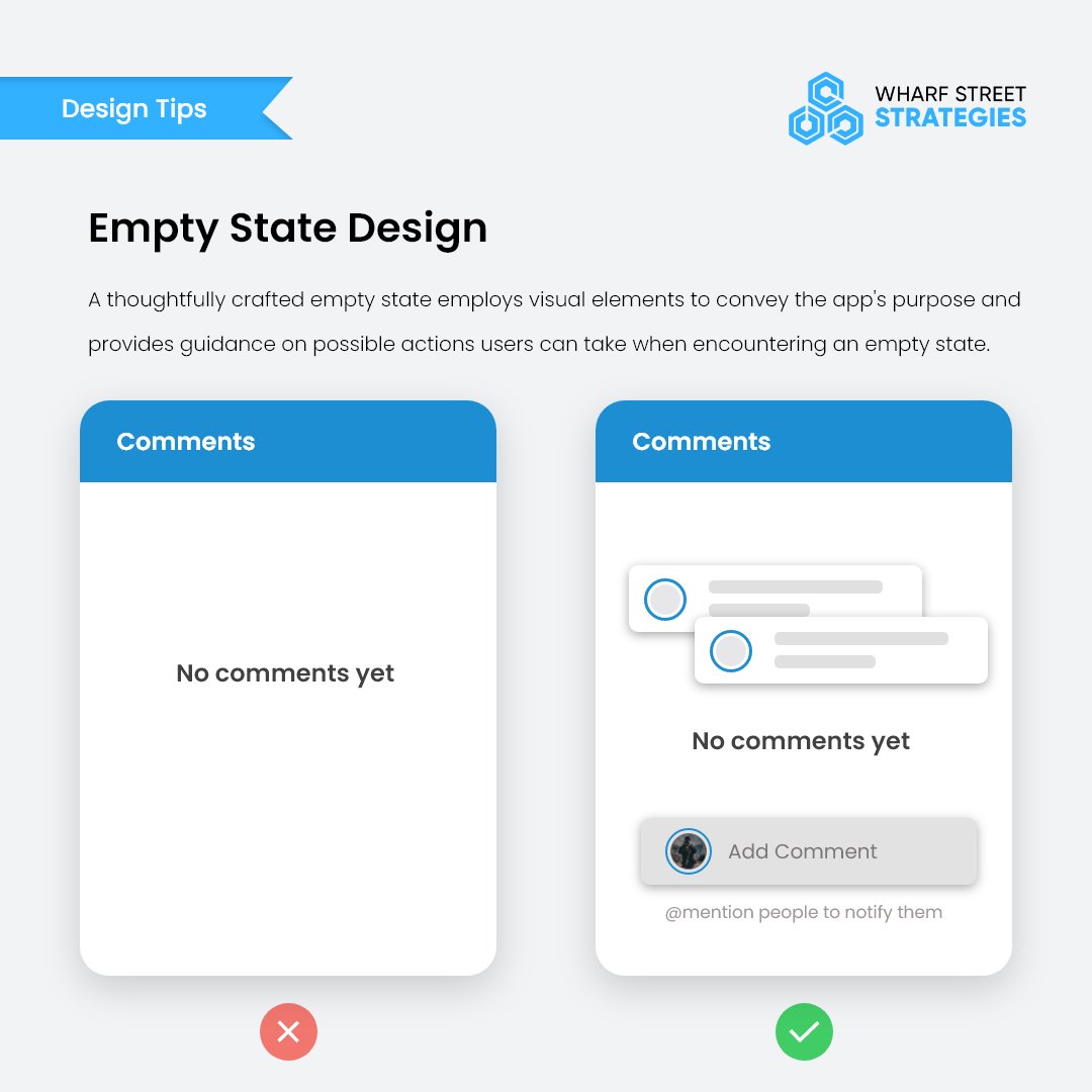 Guide users with visuals that showcase your app's purpose and suggest actionable steps. Elevate engagement even in the absence of content. Contact us for more information at info@wharfstreetstrategies.com #wharfstreet #highlight #EmptyStates #emphasize #MobileDesign #uxresearch