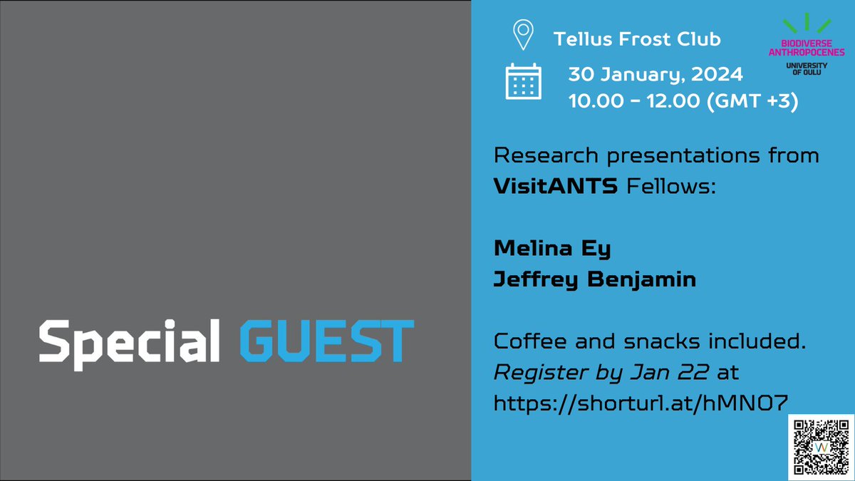 Upcoming! Special Guest Seminar with ANTS Visiting Fellows. They will talk about their research, visit experience at the @arcticants Programme @UniOulu and participate in the discussion on Tue, Jan 30th 10-12 at Tellus Frost Club. Register by Jan 22: shorturl.at/hMN07