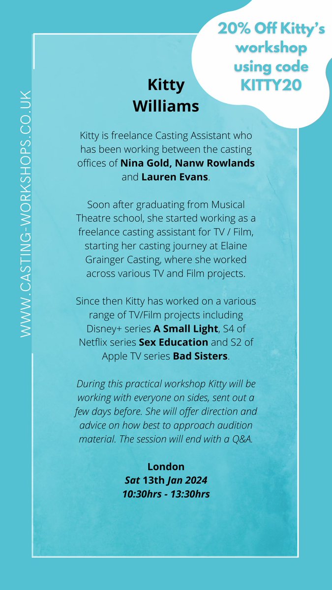 Final spots on tomorrow’s workshop with Kitty Williams - Casting assistant on the most recent series of Sex Education and Bad Sisters. We’re offering 20% off the session if you book now. Use code KITTY20 at the checkout. Head to the site and book now… 

casting-workshops.co.uk/workshops