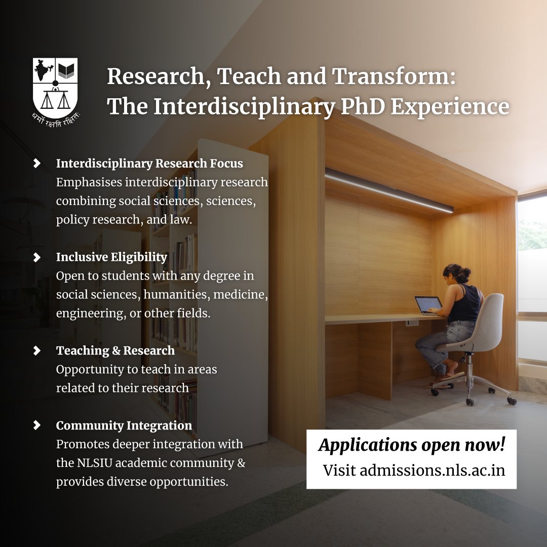 NLSIUofficial's tweet photo. Our Ph.D. (Interdisciplinary) programme provides a unique opportunity to enrich your #research through perspectives across different domains.
Candidates with any masters degree are eligible! #NLSAT #NLSAT24 #phd
Learn more: https://t.co/A9PHD4vLPP
Apply: https://t.co/Lj9exd1Fg7 https://t.co/IToSQFWlve