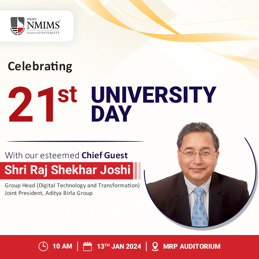 nmims_india's tweet photo. Join us for SVKM’s NMIMS 21st University Day celebration! We are excited to welcome Chief Guest Shri Raj Shekhar Joshi from the Aditya Birla Group. Tune in for live insights at the link: https://t.co/AbRGFgqkTw 

#NMIMS #UniversityDay #AdityaBirlaGroup #EducationExcellence https://t.co/Wfmni6qwA7