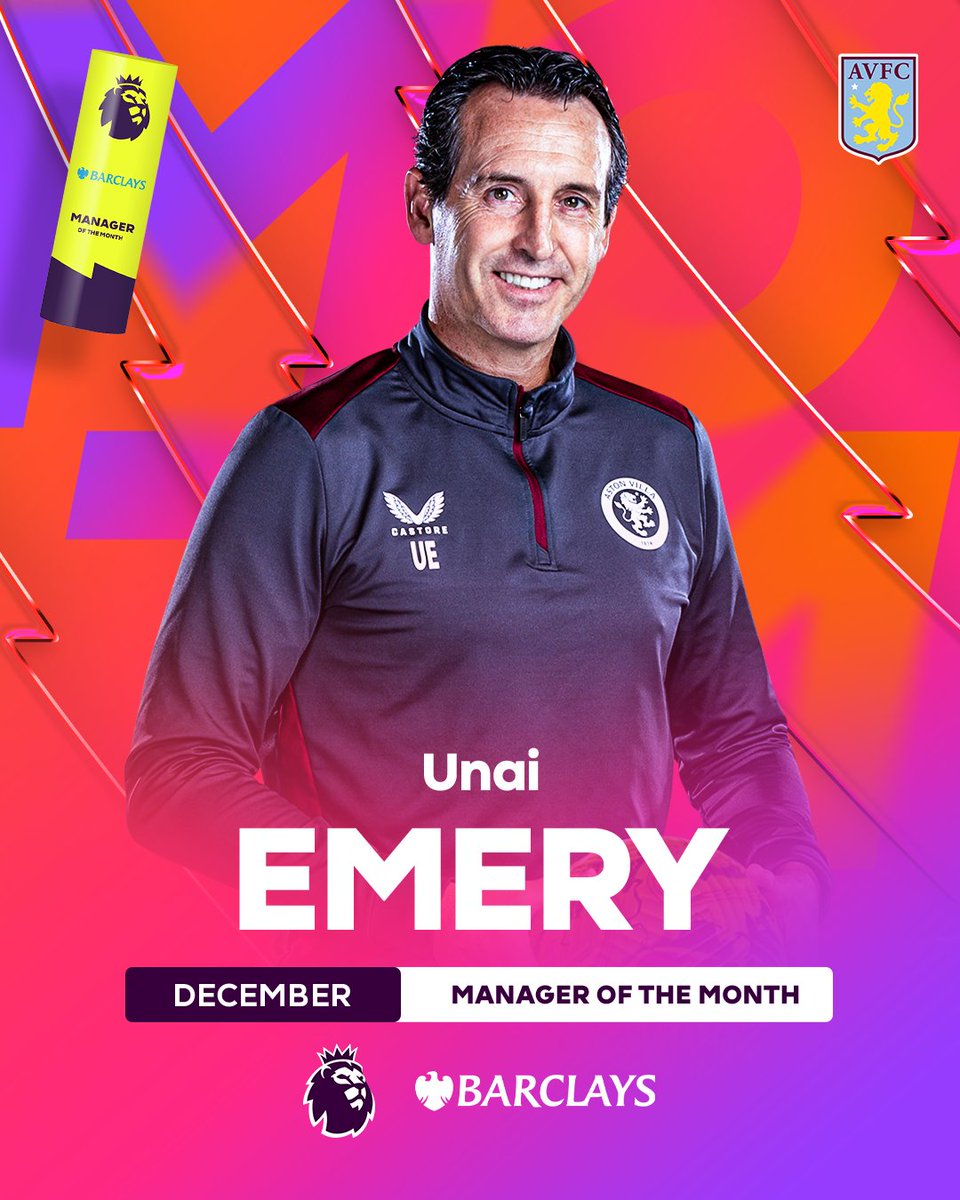 Premier League (@premierleague) on Twitter photo Taking <a href="/AVFCOfficial/">Aston Villa</a> to new heights ⏫
Unai Emery is your <a href="/BarclaysFooty/">Barclays Football</a> Manager of the Month for December!
#PLAwards Taking <a href="/AVFCOfficial/">Aston Villa</a> to new heights ⏫
Unai Emery is your <a href="/BarclaysFooty/">Barclays Football</a> Manager of the Month for December!
#PLAwards