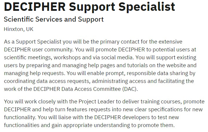 New year, new exciting opportunity. We are seeking a skilled and enthusiastic Support Specialist to help promote DECIPHER. Apply for this part time (20 hours per week) role at: embl.org/jobs/position/… Closing date: 21 January 2024