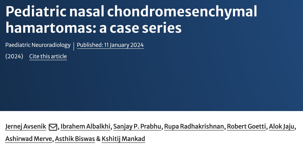Pleased to share the results from our collaborative effort across multiple centers, on pediatric nasal chondromesenchymal hamartomas.

Link to the paper: pubmed.ncbi.nlm.nih.gov/38206352