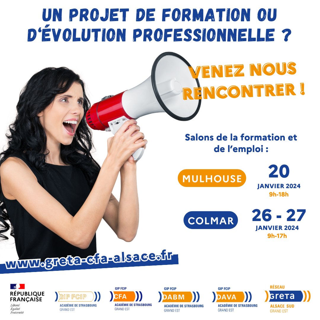 📢 RDV CETTE SEMAINE !

💬 Nos équipes du CFA académique, du GRETA Alsace Sud et des conseillers VAE et Bilan de compétences auront le plaisir de vous retrouver à Mulhouse et Colmar.
#apprentissage #emploi #formation #recrutement #alternance #bilan #experience #reconversion