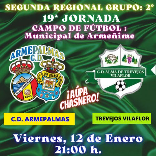 CdTrevejos's tweet photo. 🟢𝐌𝐀𝐓𝐂𝐇 𝐃𝐀𝐘🟢

🏆 Jornada 19- Segunda Regional G2
🆚 CD. Armepalma
⌚️ 21:00h
🏟️ Armeñime

#ApartamentosVirginia
#ElLagardeChasna #Galigourmetten https://t.co/vLU0ZTl8KZ