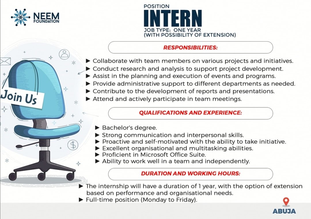 Neem_foundation's tweet photo. We are hiring!
Kindly go through the requirements and submit your applications if you consider yourself a good fit.
#HIRINGNOW #vacancyalert #ngojob #internship https://t.co/DufCZG1FFD