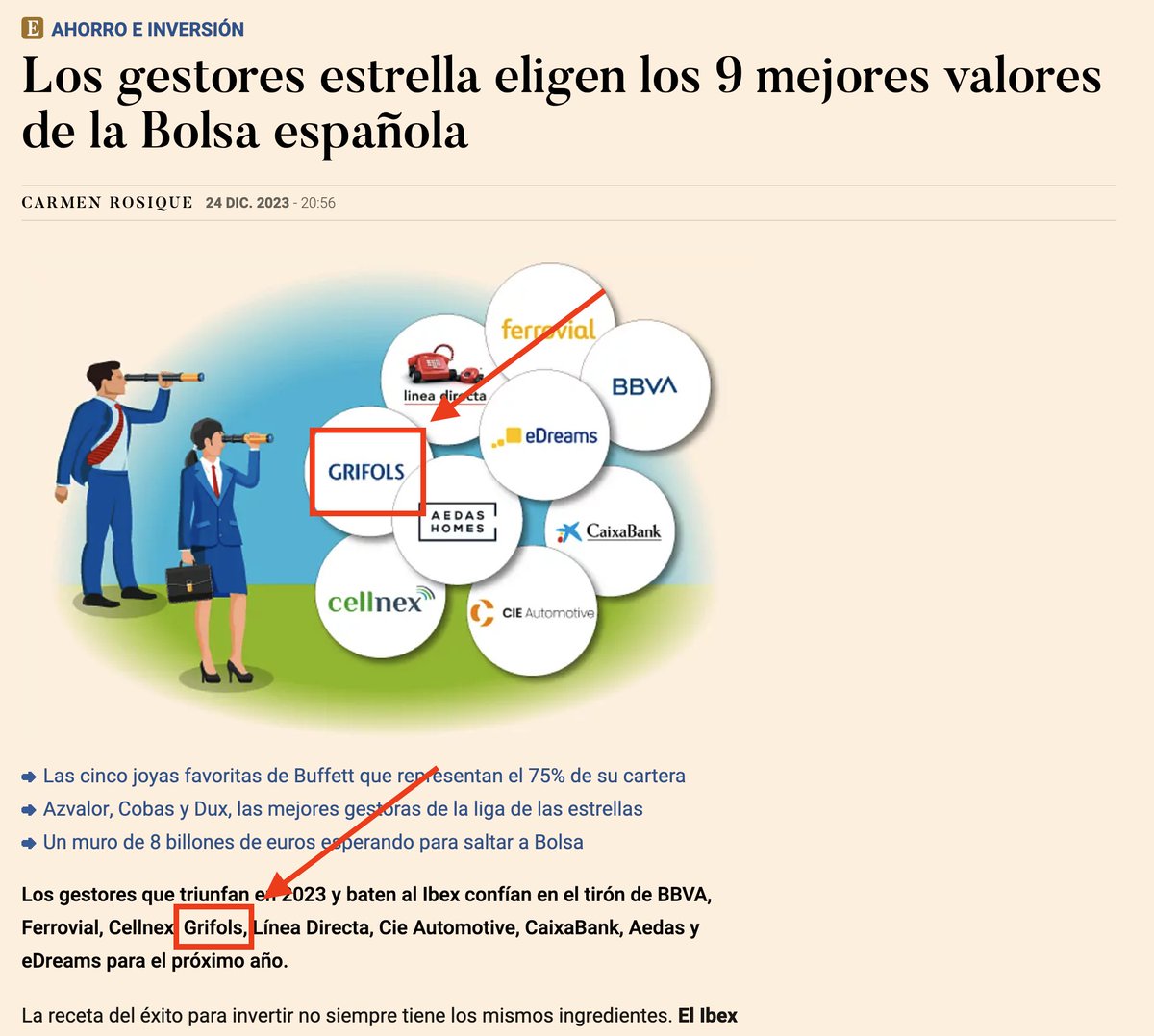 0xdegentaco's tweet photo. Buen ojo esta tal Beatriz Gutierrez escribiendo para @expansioncom sobre las bondades de Grifols y las optimistas previsiones de cara a 2024. 20 dias antes de  caer un 40%.

Como para fiarse de la guia de bolsa que sacan este finde 🤦🏻‍♂️ https://t.co/UIFjB6bGdv