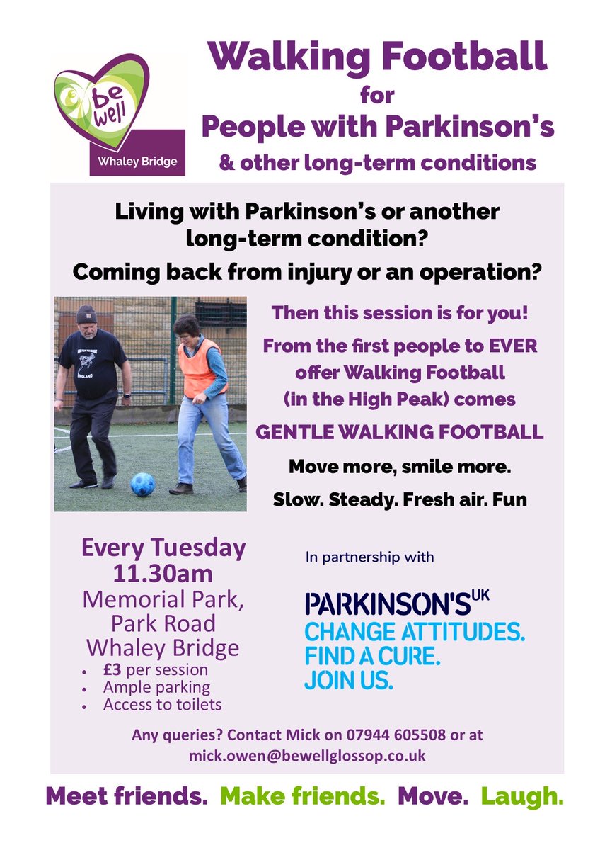 Walking Football for those with #Parkinson's &amp; other long-term conditions takes places at the Memorial Park in #WhaleyBridge, thanks to <a href="/BeWellGlossop/">Be Well</a> ⚽

You can enjoy some fresh air with likeminded folk every Tuesday! They also have a general Walking Football on Weds too 🙌
