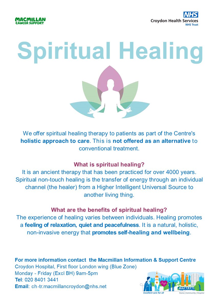 We are looking forward to welcoming back #SpiritualHealer Sarah who offers 1-2-1 session once a month to people affected by #cancer in #Croydon at @croydonhealth .Appointments still available for 30th Jan. Contact us to book #LWBC #Healthandwellbeing #HolisticCare #CancerSupport