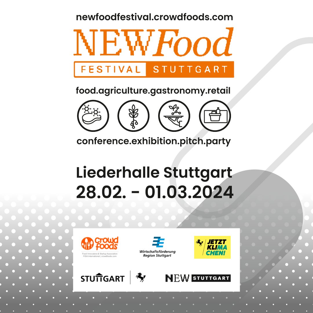 Von 28.2. - 1.3.2024 treffen sich Startups &amp; Innovatoren in Food, Agrar, Gastro &amp; Handel am #NewFoodFestivalStuttgart zur Zukunft der Ernährung.

Die Konferenz &amp; Messe bietet Innovation, Inspiration, Wissen &amp; Erfahrungsaustausch vom Acker bis zur Gabel.

newfoodfestival-stuttgart.de