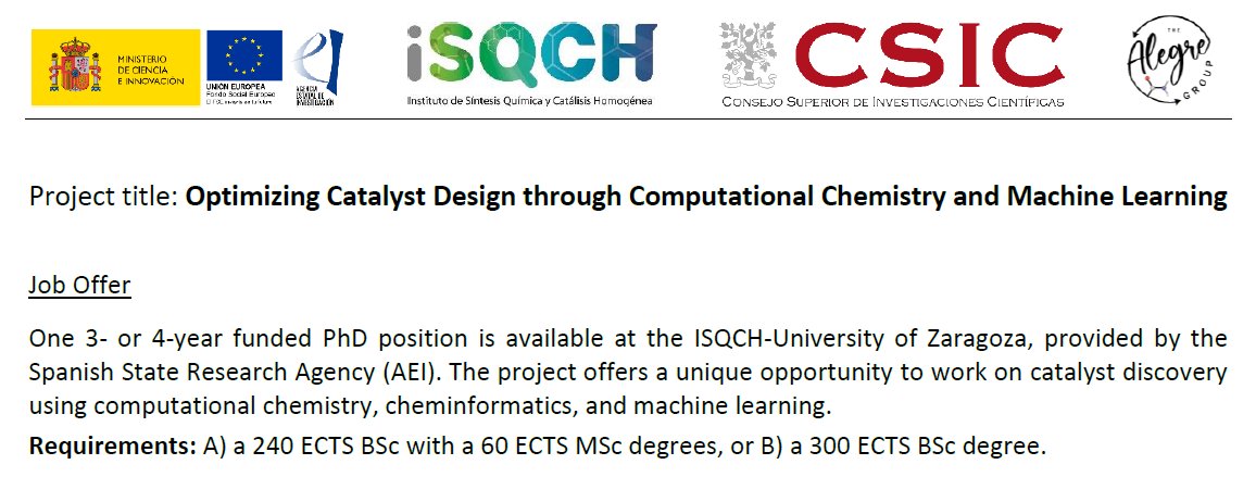 📢 A 3- or 4-year funded PhD position is available at our group (ISQCH, Zaragoza, Spain), an opportunity to work on catalyst discovery using #compchem, cheminformatics, and #MachineLearning . Full details: thealegregroup.com/working-with-us Please RT @CompQuim @JovenesQuimicos