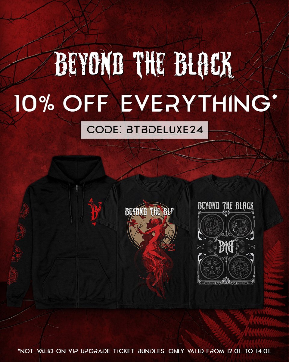 To celebrate today's release of the deluxe edition of our album 𝐁𝐞𝐲𝐨𝐧𝐝 𝐓𝐡𝐞 𝐁𝐥𝐚𝐜𝐤 you can now enjoy 10% off in our official merchandise shop 🎉 Shop now: beyondtheblack-shop.com Only valid this weekend, enjoy!!