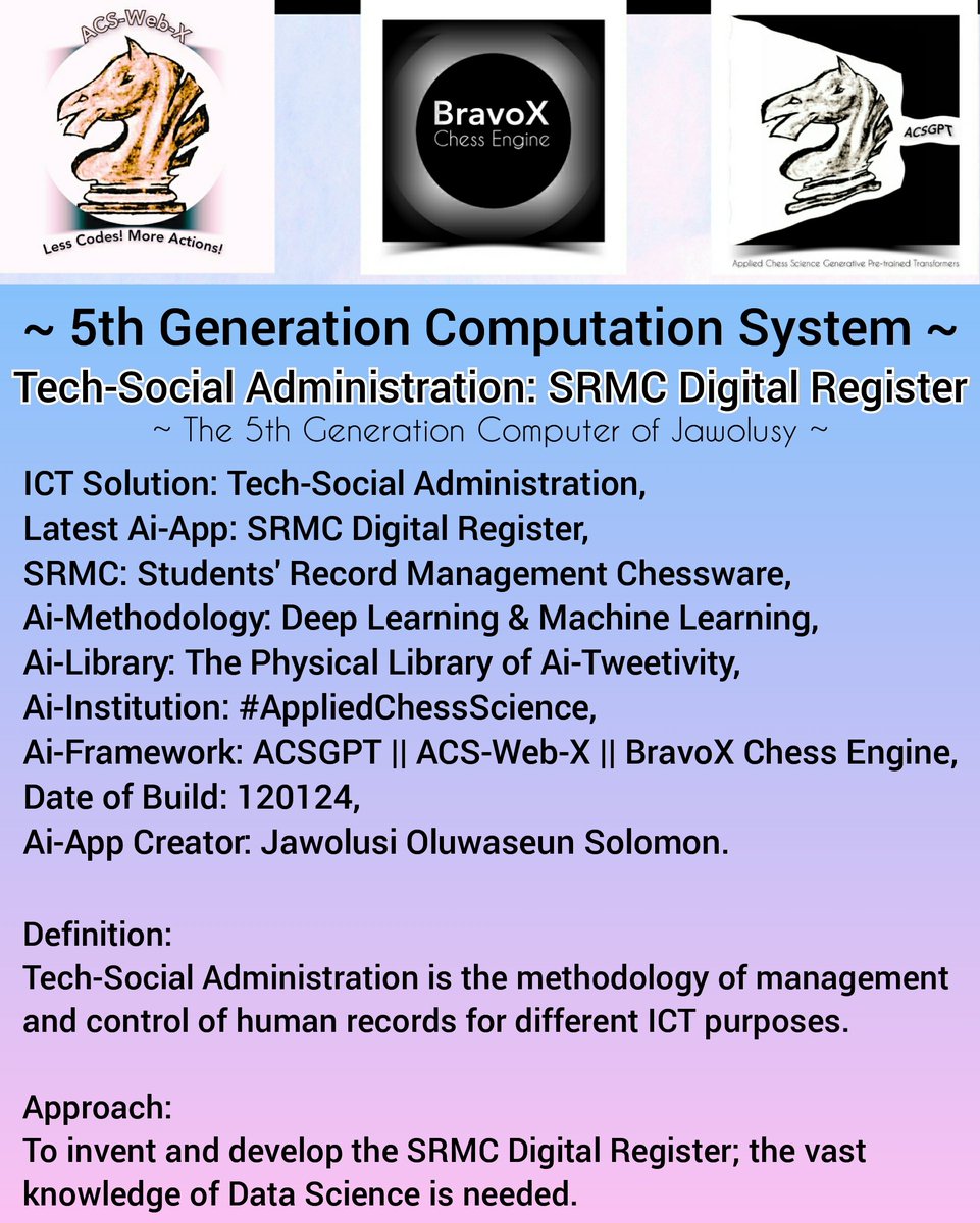 jawolusy's tweet photo. The 5th Generation Computer of Jawolusy
ICT Solution: Tech-Social Administration,
Latest Ai-App: SRMC Digital Register
SRMC: Students' Record Management Chessware.
ACS-Web-X #DeepLearning #MachineLearning #Tweetivity #AppliedChessScience #ACSGPT #BravoX Chess Engine, https://t.co/SztWkvKF4c
