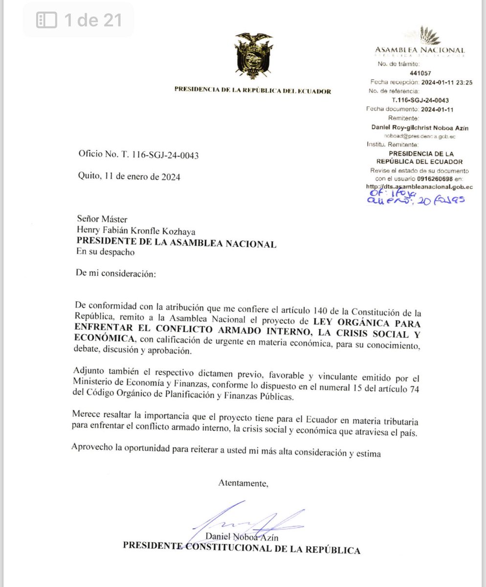 ATENCIÓN: el gobierno plantea el aumento del IVA del 12 al 15 por ciento. 

El presidente Daniel Noboa remitió cerca de la media noche a la Asamblea Nacional, como urgente, el proyecto de “Ley Orgánica para enfrentar el conflicto armado interno, la crisis social y económica”.