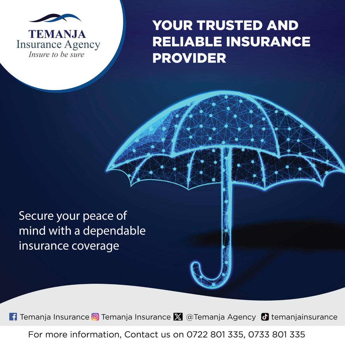 TemanjaAgency's tweet photo. Embrace tranquility! 🌟 Safeguard your peace of mind with the reliability of our insurance coverage. Your safety net for life's uncertainties. For more information contact us on 07 22 801 335, 07 33 801 335. #PeaceOfMind #DependableCoverage" https://t.co/FIu23rPYD8