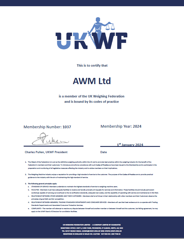 Proud to be long standing active members of <a href="/_UKWF/">UK Weighing Federation</a>. Our calibration procedure meets UKWF Code of Practice &amp; is #ISO certified. Contact sales@awmltd.com with your #calibration requirements!

#weighing #weighingscales #weighingsolutions #calibrationservices #calibrations #iso9001
